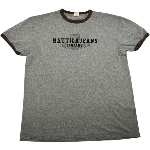 Vintage 90s y2k Men's Grey Brown Nautica Jeans Company Ringer Tee T Shirt Sz L - Picture 1 of 7